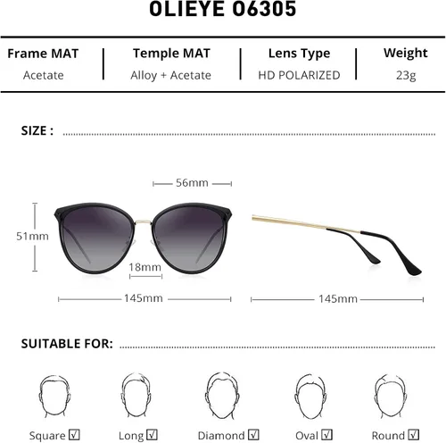 Vista 2 de OLIEYE Gafas de sol polarizadas vintage ojo de gato para mujer clásico de gran tamaño Cateye gafas de sol