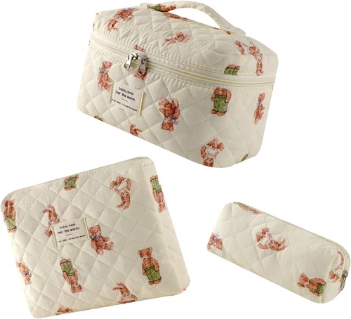 Vista 28 de uekeboag - Bolsa de maquillaje grande de viaje acolchada para mujer, neceser de algodón con estampado floral, neceser con estampado floral