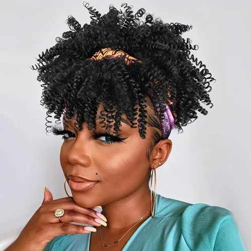 Vista 6 de Aisaide Peluca de Diadema Afro Rizada Crespa, Pelucas Afro Negras Cortas para Mujeres Negras, Peluca Sintética Rizada Crespa con Diadema y Flequillo