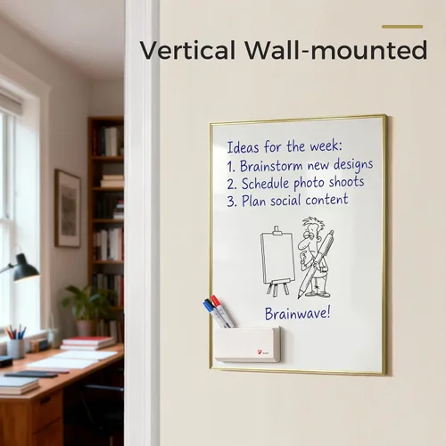 Vista 4 de TOWON Pizarra magnética de borrado en seco dorada de 24 x 18 pulgadas, elegante pizarra blanca con marco de aluminio estrecho para pared, tablero