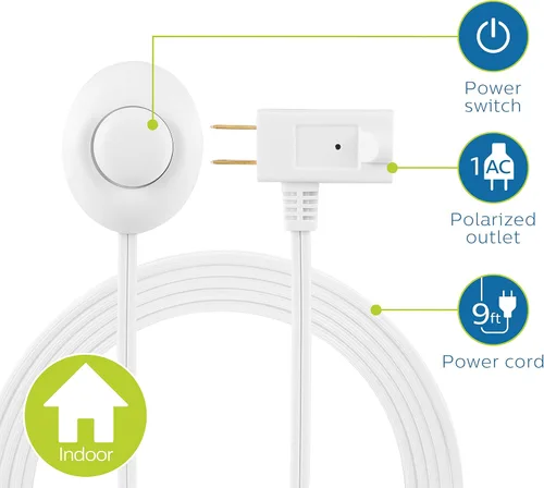 Vista 2 de Philips Interruptor de pie enchufable, 9 pies, cable de extensión de enchufe plano de 1 salida, con interruptor de encendido/apagado, cable