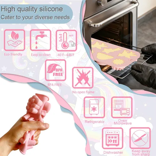 Vista 5 de Paquete de 2 moldes de silicona con temática de unicornio alado, 8 cavidades 3D arco iris, unicornio, sol, meteoros, herramientas de decoración