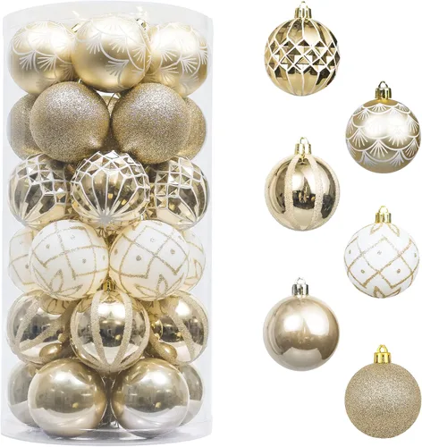 Vista 11 de Valery Madelyn Juego de Adornos Navideños para Árbol de Navidad, 30 Piezas de 5 cm Adornos de Bolas de Navidad Inastillables en Blanco y Oro Oro