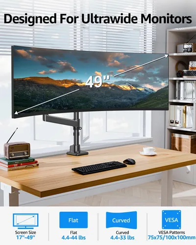 Vista 2 de MOUNTUP Brazo de monitor resistente para pantallas de 49, 45, 42, 40, 39, 34, 32 pulgadas, brazo de monitor ultraancho con capacidad para 4.4-44