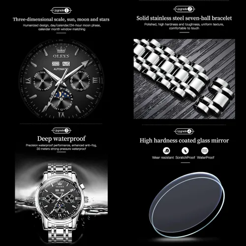 Vista 3 de OLEVS Man Automatic Watches Automatic Mechanical Tourbillon Waterproof Business Watch Stainless Steel Case Strap Day Date Sun Moon Phase Window