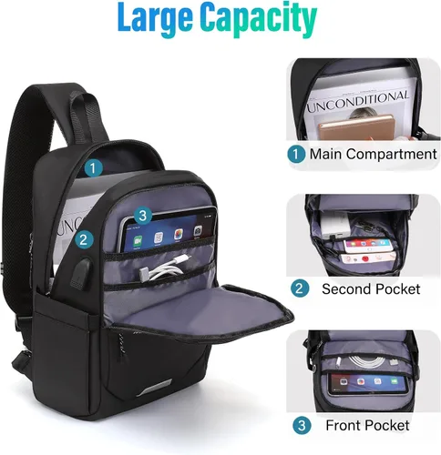 Vista 4 de MOSISO Mochila bandolera de viaje para senderismo, bolsa cruzada grande con puerto de carga USB para hombres y mujeres, bolsillos de 3 capas, bolsa