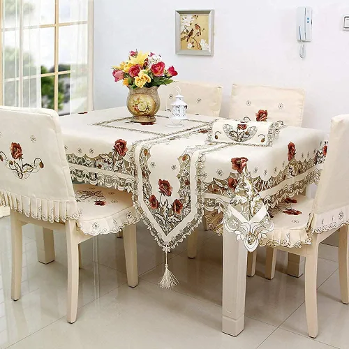 Vista 8 de Camino de mesa de encaje con flores europeas vintage, elegantes caminos Arzoe para decoración de mesa de comedor y gabinete