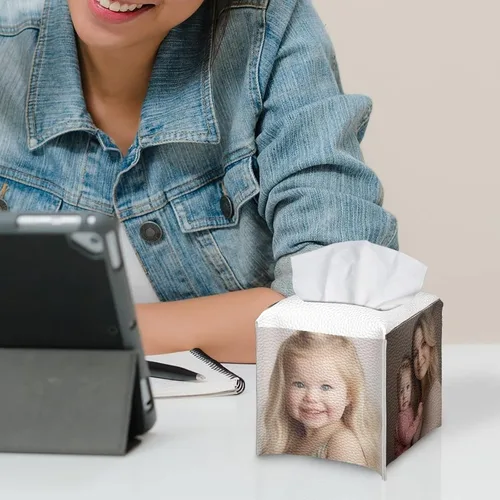 Vista 5 de Personalizar caja de pañuelos de cuero PU cuadrado caja de pañuelos titular personalizado su foto/logotipo/texto, personalizable en todos los lados