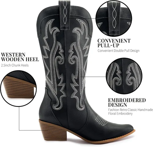 Vista 2 de Athlefit Botas vaqueras para mujer, botas vaqueras occidentales, a la moda, bordadas, punta puntiaguda, tacón grueso, botas de media pantorrilla