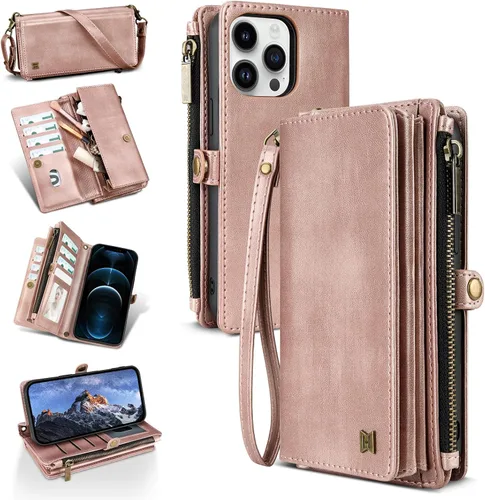 Vista 30 de Funda tipo cartera para iPhone 16 Pro Max con 8 tarjeteros, bloqueo RFID, piel sintética, función atril, abatible, correa de muñeca y correa