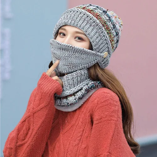 Vista 3 de Gorro de invierno para mujer con forro polar y solapas para las orejas con pompón bufanda y máscara cálido suave y holgado