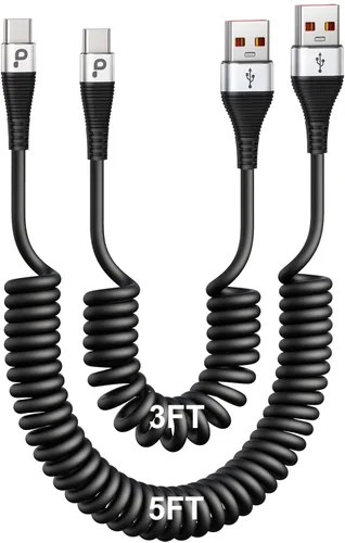 Vista 16 de Cable USB C de carga rápida, paquete de 2 cables de carga USB A a USB C en espiral de 3 pies para automóvil, cable de carga USB-C compatible