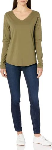 Vista 4 de Tienda Essentials - Camiseta de manga larga con cuello en V para mujer, 100 % algodón, ajuste clásico