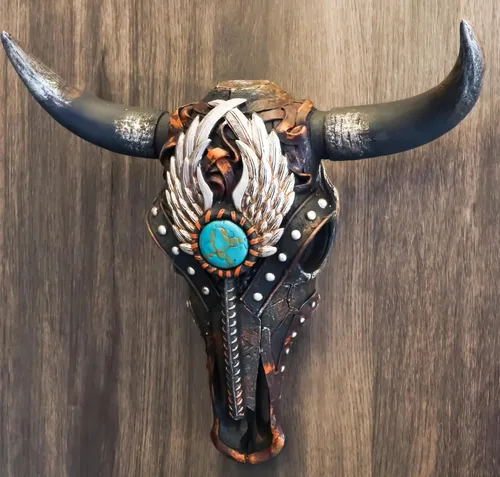 Vista 2 de Ebros Gift Alas de ángel occidentales rústicas, turquesa, gema de buey con cabeza de calavera de vaca con cuernos, decoración de montaje en pared