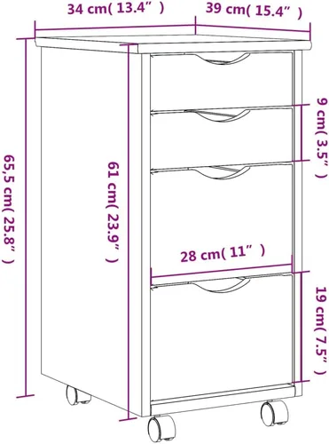 Vista 2 de Cómoda de 4 cajones, archivador, gabinete de oficina con cajones, armario móvil de madera con ruedas, organizador de dormitorio, cajones