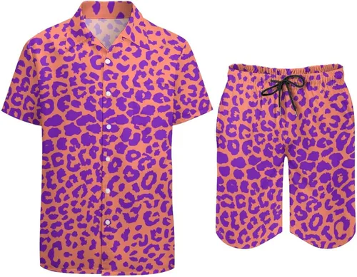 Vista 3 de Conjunto combinado de verano de dos piezas para hombre, traje de playa de leopardo, camisa hawaiana con botones