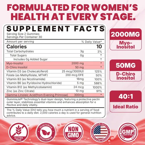 Vista 2 de Gomitas de inositol con aceite de onagra para mujeres, proporción 40:1, mio-inositol de 2000 mg y D-Chiro inositol 50 mg con vitamina D3 B6 B12