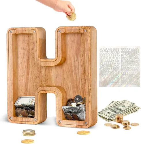 Vista 31 de Alcancía de Madera Personalizada con Letras del Alfabeto, Banco de Monedas con Letras del Alfabeto para Niños, Niñas y Bebés, Tamaño Grande, 26