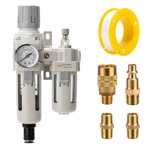 Vista 7 de Regulador de presión de aire con medidor de presión (0-150PSI), separador de agua para compresor de aire, drenaje automático, interfaz roscada 1/2