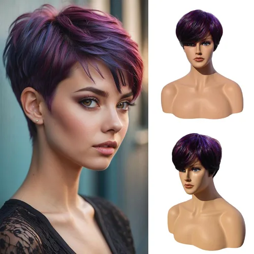 Vista 4 de Peluca sintética de corte Pixie con flequillo para mujer, peluca gris para mujeres negras, peluca corta con flequillo, perfecta para cosplay