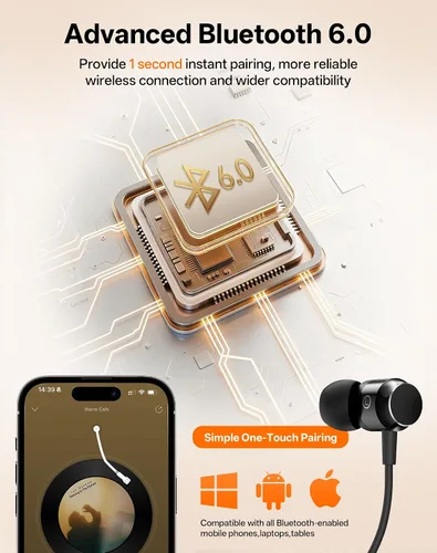 Vista 3 de Auriculares Bluetooth con banda para el cuello, auriculares inalámbricos Bluetooth 6.0 con micrófono, luz cómoda, graves profundos, tiempo de Negro