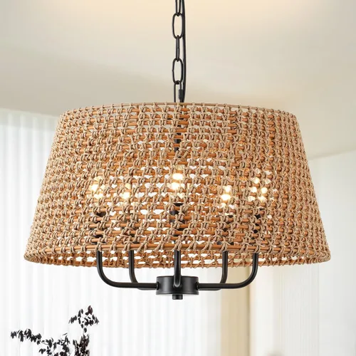 Vista 16 de Lámpara de araña de ratán bohemio de 20 pulgadas para comedor, 5 luces tejidas a mano de ratán natural con cadena ajustable, enchufes E12