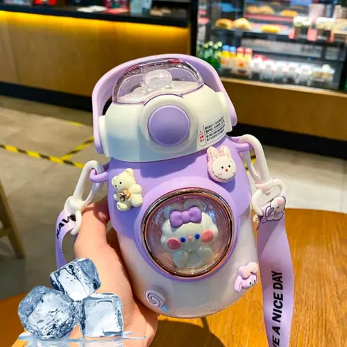 Vista 6 de LEJN - Botella de agua de 28 oz Kawaii con correa de hombro ajustable para verano, agua fría portátil, a prueba de fugas, sin BPA, taza de dibujos