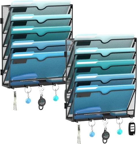 Vista 23 de 5 Tier Wall File Organizer, Metal Holder with Bottom Hooks Negro