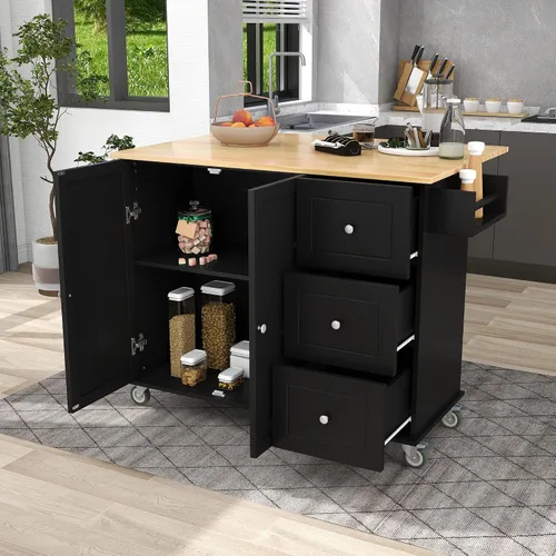 Vista 4 de Carrito móvil de isla de cocina de 52.7 pulgadas con organizadores y almacenamiento superior de madera maciza y ruedas de bloqueo, armario