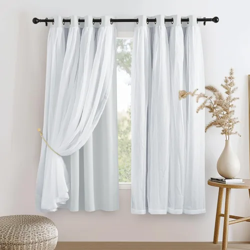 Vista 25 de PONY DANCE Cortinas Opacas con Superposición de Gasa, Cortinas de Doble Capa con Aislamiento Térmico Mix & Match para Oscurecer Habitaciones