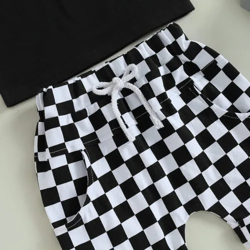 Vista 6 de Conjunto de camiseta de manga corta a cuadros para bebÃ© niÃ±o y niÃ±a, conjunto de camiseta y pantalones cortos de moda para niÃ±os pequeÃ±os