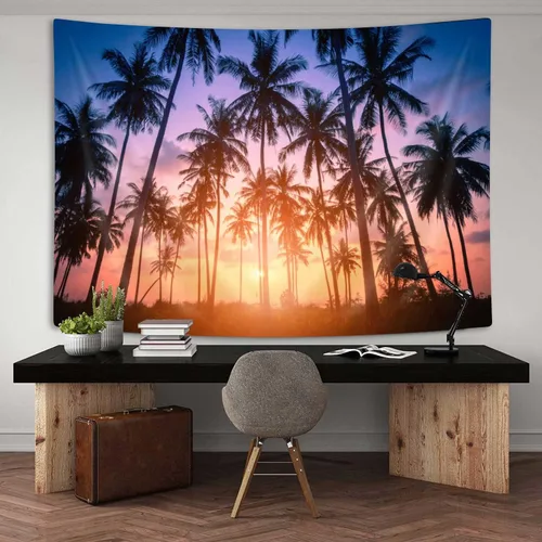 Vista 3 de Hjokiupt Tapiz de playa tropical, puesta de sol, playa, océano, palmera, fantasía, crepúsculo, verano, tapices artísticos para dormitorio, paisaje
