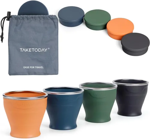 Vista 14 de TakeToday 2 vasos plegables de viaje de 8 onzas, taza de agua plegable de silicona, sin BPA con tapa y bolsa impermeable, juego de vasos para beber