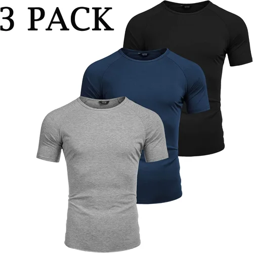 Vista 5 de COOFANDY Paquete de 3 camisetas de entrenamiento para hombre, manga corta, gimnasio, fisicoculturismo, camiseta de capa base para fitness