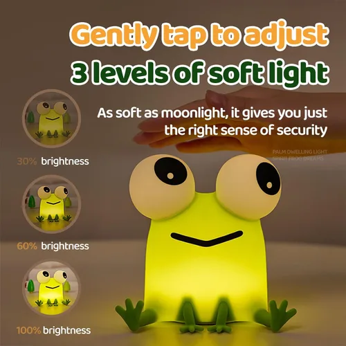 Vista 3 de Luz nocturna de rana para niños, bonita luz nocturna de silicona regulable para guardería, lámpara de noche recargable, regalos creativos portátiles