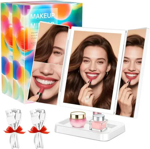 Vista 8 de BERTHALESS Espejo de maquillaje recargable con luces, 14.4 pulgadas de largo x 9.1 pulgadas de ancho, espejo de tocador iluminado para mesa, aumento