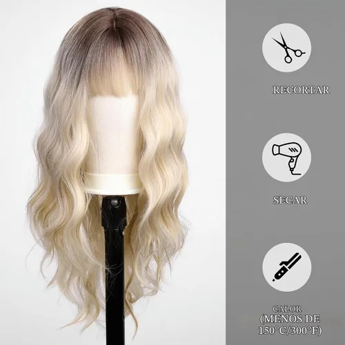 Vista 4 de HAIRCUBE Peluca rubia con reflejos, peluca larga y rizada con flequillo, peluca marrón, aspecto natural, resistente al calor, peluca sintética