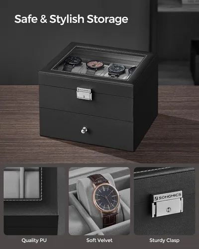 Vista 3 de SONGMICS Caja de reloj de 16 ranuras, caja de reloj con tapa de vidrio, 2 capas, vitrina de reloj con cerradura, cuero sintético negro, forro gris