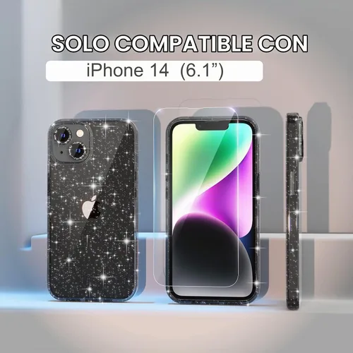 Vista 2 de Choiche, funda para iPhone 14 de mujer, brillante, protección de grado militar, 2 cubiertas de lentes de cámara Diamond, 2 protectores de vidrio