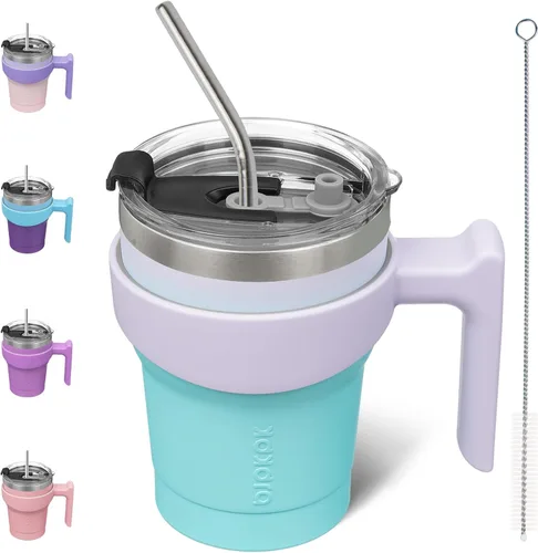Vista 26 de BJPKPK Mini vaso de 10 onzas con tapa, popote y asa, taza de acero aislada