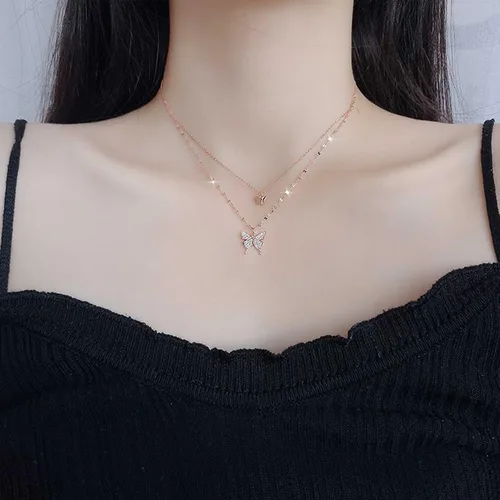 Vista 4 de YienDoo Gargantilla de mariposa de cristal con capas de estilo bohemio, estilo vintage, dorado, con dije de mariposa pequeña, collar con diamantes