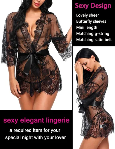 Vista 4 de Avidlove Kimono de encaje para mujer, tipo babydoll, camisón de malla, lencería, bata, tallas S-5XL