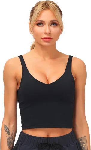 Vista 2 de Dragon Fit - Sujetador deportivo para mujer corte largo con relleno estilo camiseta corta sin mangas para yoga deportes entrenar o correr