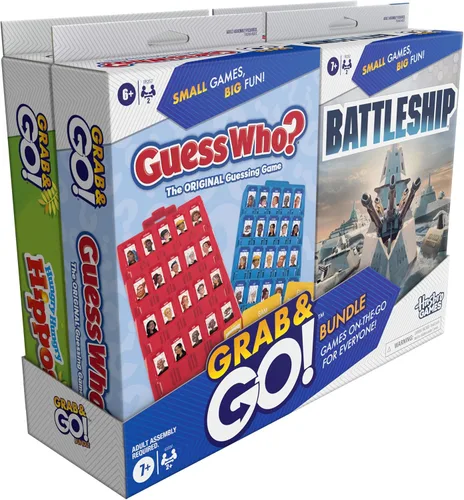 Vista 2 de Hasbro Grab and Go! Paquete (paquete de 4), juegos de mesa de viaje para niños, acorazado, Connect 4, ¿Adivina quién?, juegos de hipopótamos