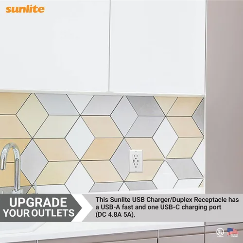 Vista 6 de Sunlite 08154 Cargador USB y receptáculo dúplex, puertos USB-A/C, CC 4.8A 5A, 15A-125VAC, estilo decorador, resistente a manipulaciones, blanco