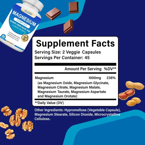 Vista 6 de Suplemento complejo de magnesio – 1000 mg con 7 formas de magnesio incluyendo glicinato, citrato, malato, taurato y orrotato – Apoya la relajación