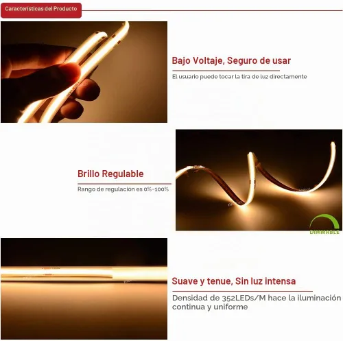 Vista 5 de Tira LED COB de 12 V CC de alta densidad flexible Ra90+ luces blancas cálidas 16.4 ft (luz cálida 3000 K, 320 LEDsm)
