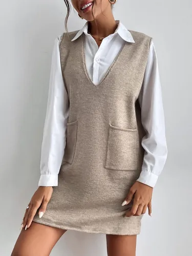 Vista 3 de OYOANGLE Vestido corto de punto sin mangas con cuello en V para mujer con bolsillos
