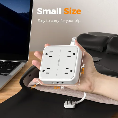 Vista 6 de TESSAN Cable de extensión plano protector de sobretensiones de 1 pie, regleta de enchufe con anillo con 4 tomas, 3 puertos USB (1 USB C), protección