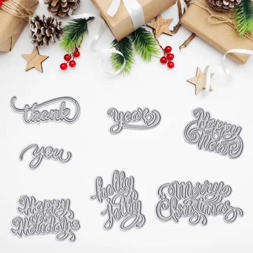 Vista 4 de ABTOLS 7 piezas de palabras navideñas Thinlits troqueladas de palabras navideñas en relieve, troqueles de corte de metal de acero al carbono